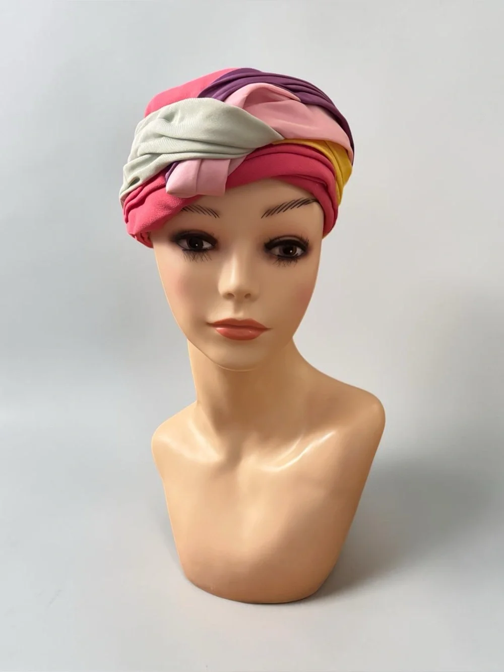 Vintage Twisted Fabric Turban, Pink Sage Green Yellow Purple Mix